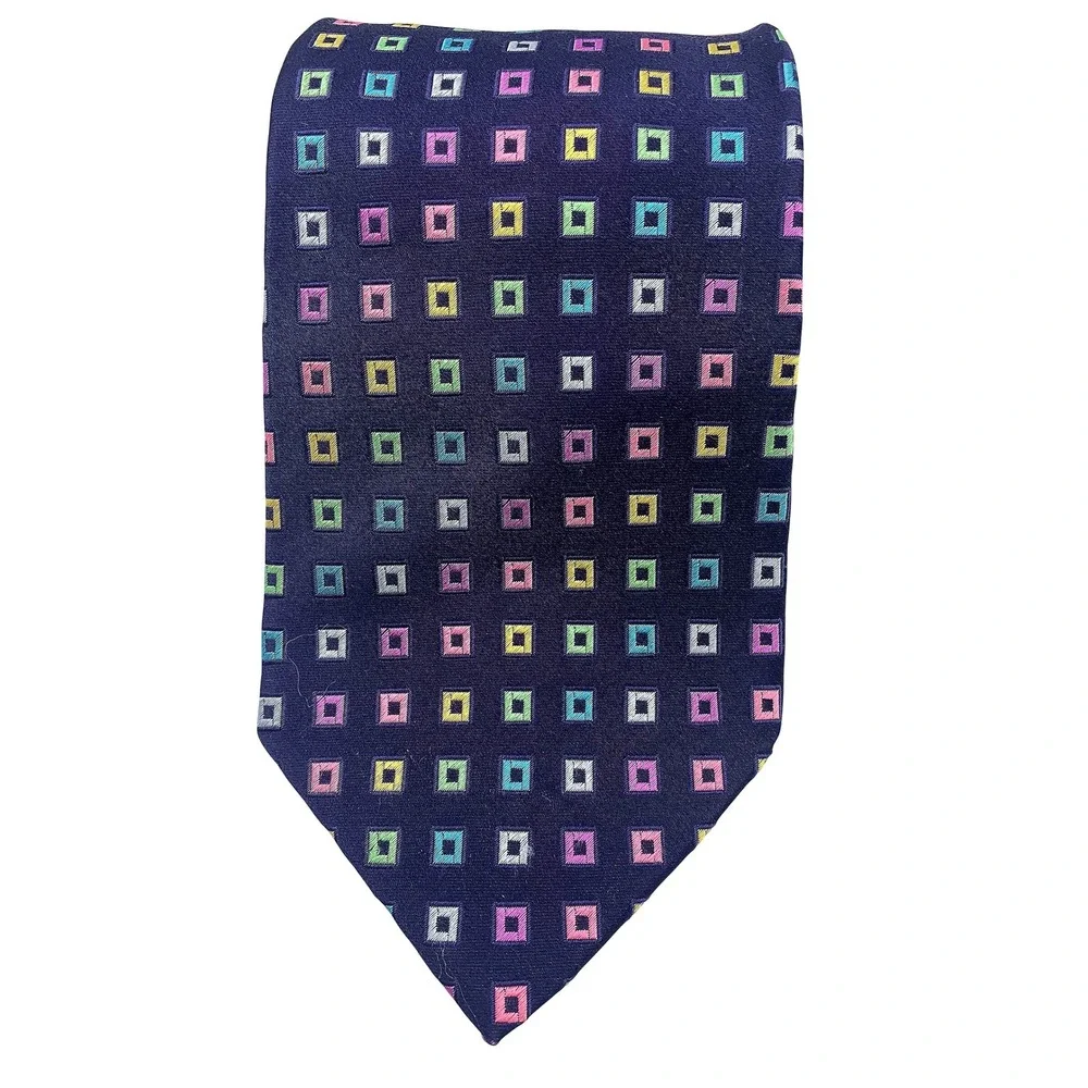 Charles Tyrwhitt‎ Navy Silk Tie Geometric Square Pattern Made in Italy Mens